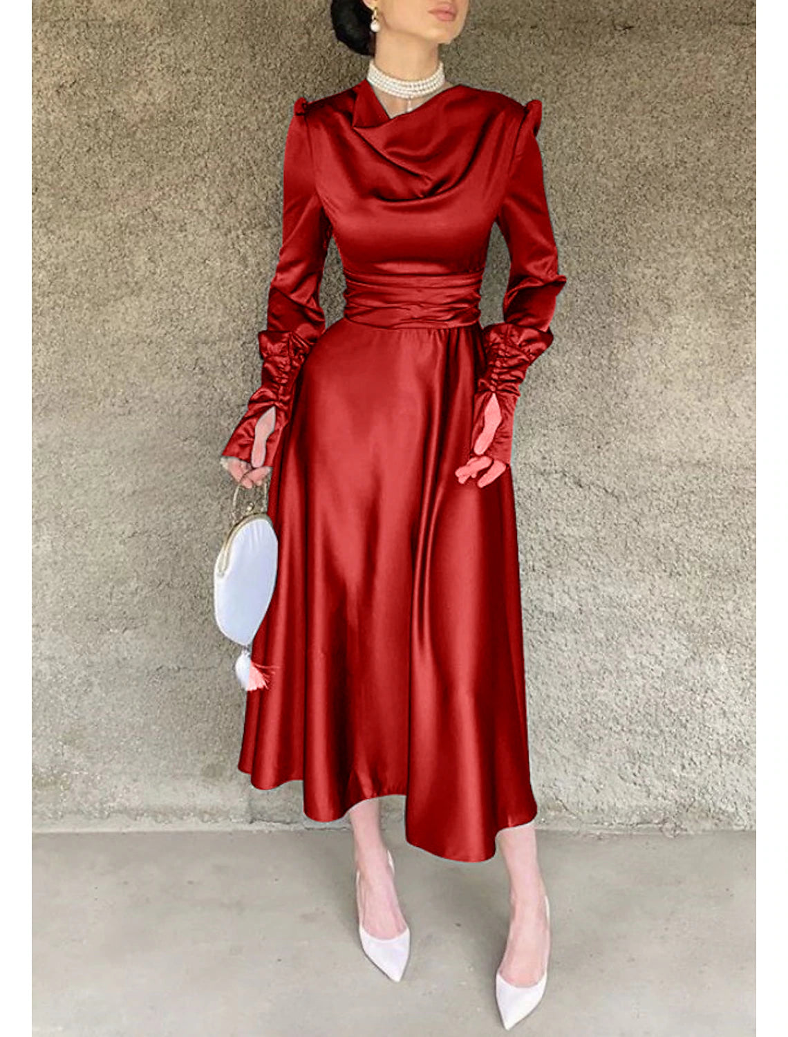 Abito da cocktail a trapezio, abiti natalizi rosso-verdi, elegante abito da cerimonia, abito da damigella d'onore autunnale, lunghezza tè, manica lunga, collo a cappuccio, abito rosso-verde in raso con arricciature